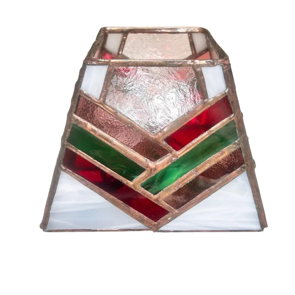 Vintage Stained Glass Tea Light Candle Holder Red Green White Chevron Geometric
